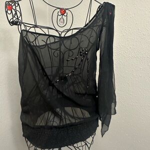 Paper Tee Black Asymmetrical Embellished Blouse